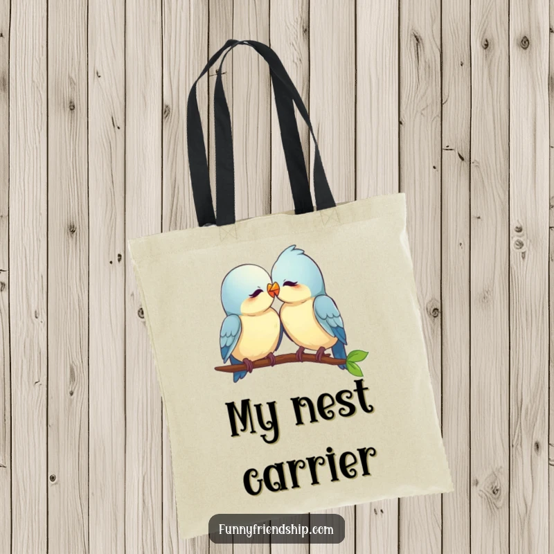 Funny love birds tote bag, two birds nuzzling closely, symbolizing affection and togetherness, great for everyday use.