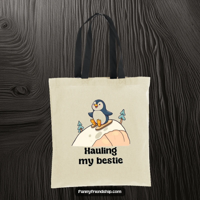 Funny tote bag showcasing cheerful penguins sliding down a hill together, perfect for carrying items with a friendly vibe.