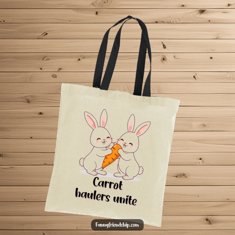 Funny rabbit tote bag with two high-fiving bunnies and a giant carrot, a charming and practical accessory.