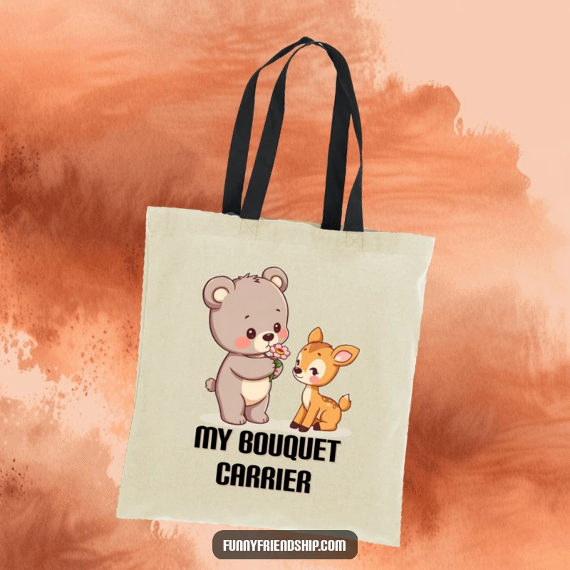 Funny Tote Bag illustration of a bear cub offering a flower to a shy deer cub, celebrating woodland charm and connection.