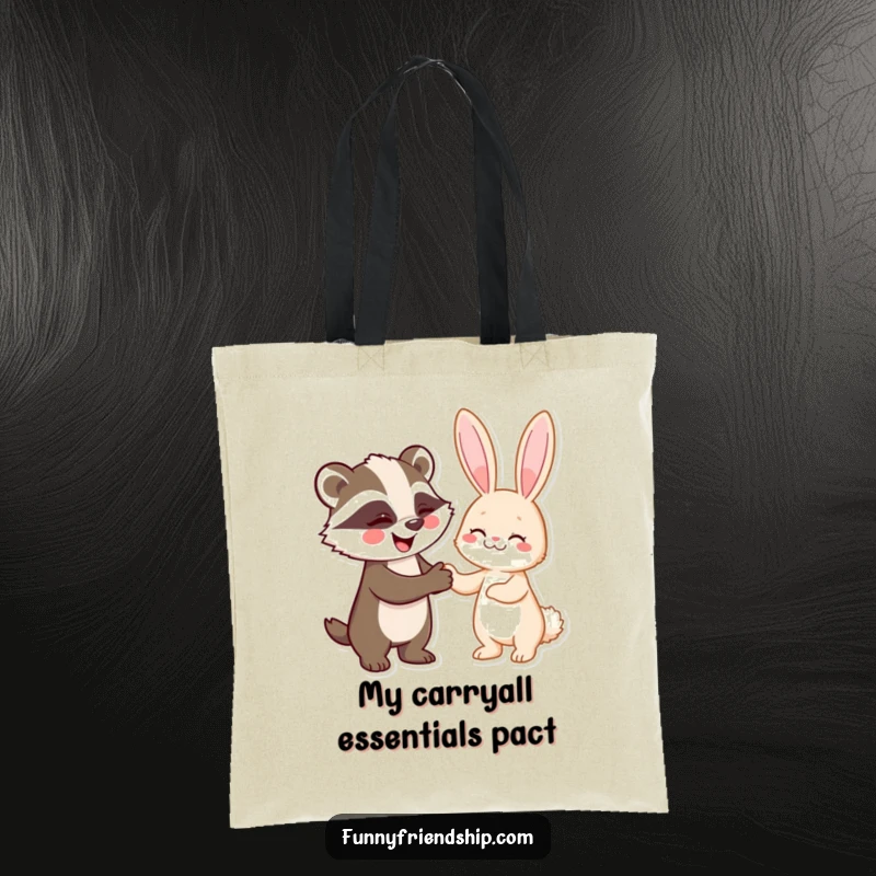 Funny tote bag with a badger and rabbit shaking hands, representing a humorous agreement and for carrying items.