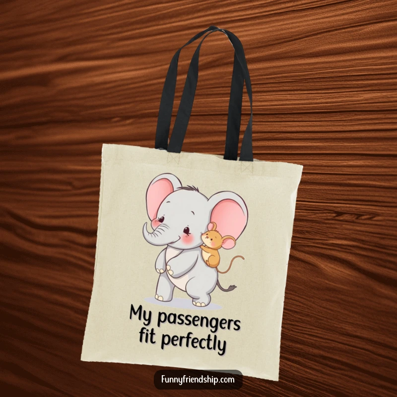 Funny tote bag illustrating an elephant giving a mouse a piggyback ride, ideal for carrying items and spreading smiles.