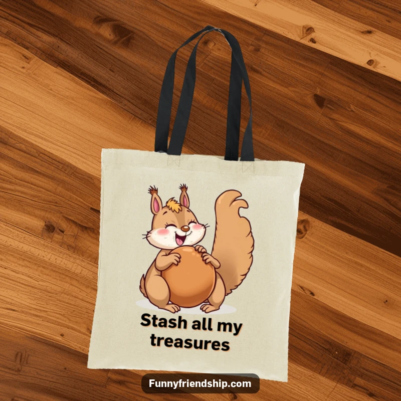 Funny squirrel character tote bag depicting a joyful squirrel sharing a giant nut with a happy friend, great for shopping.